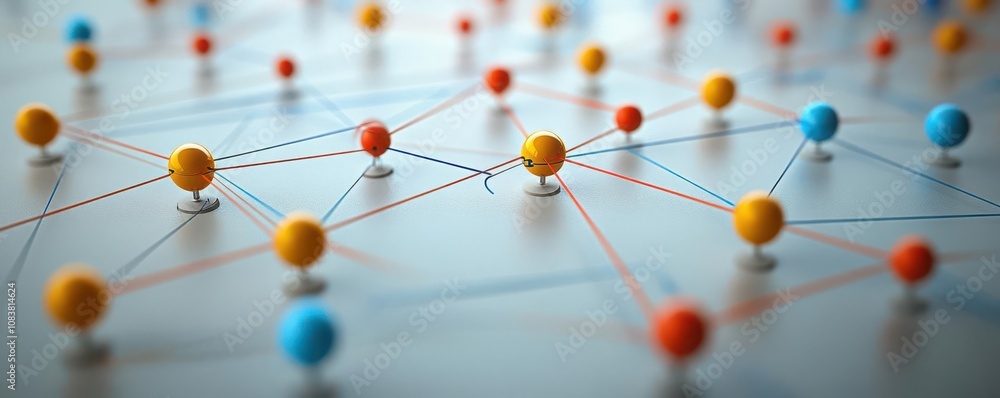 Poster colorful spheres connected by lines, representing a network or system of interactions, illustrating 
