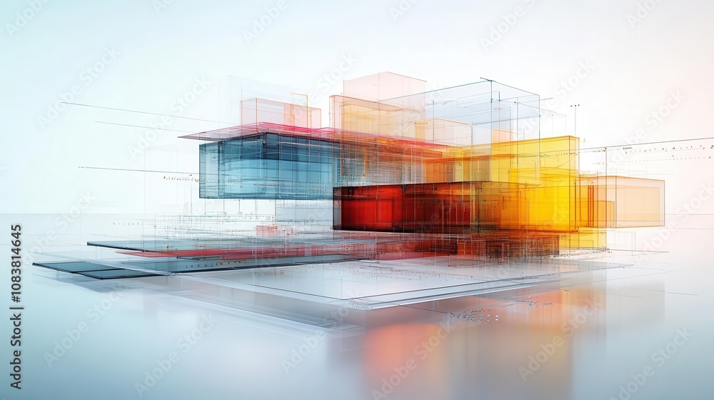 Poster a colorful digital abstract composition featuring layered geometric shapes in various transparent hu