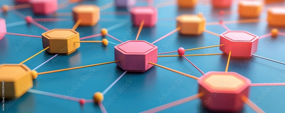 Poster a colorful network of hexagonal nodes interconnected by lines, representing data flow and communicat