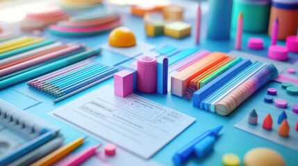 A vibrant arrangement of colorful stationery supplies including pencils, papers, and various art materials on a bright blue background.