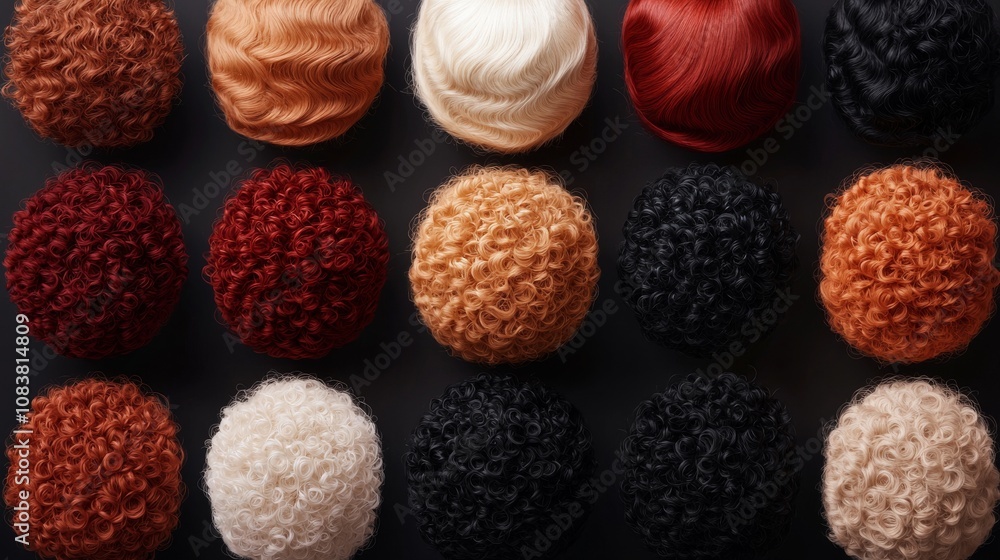 Poster a vibrant array of textured pom-poms in warm hues like red, brown, and cream, displayed in a neat gr
