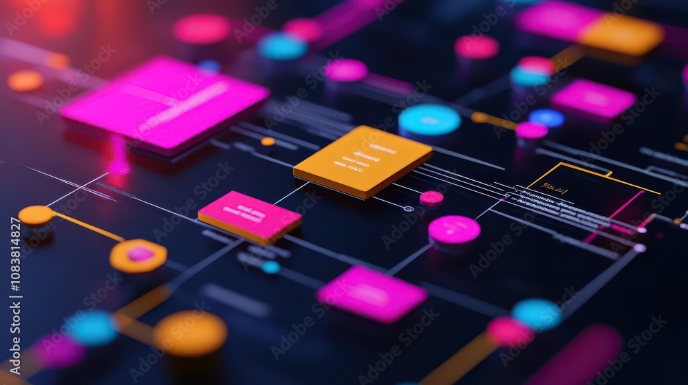 Poster a vibrant, abstract digital network illustration featuring colorful nodes and interconnected lines o