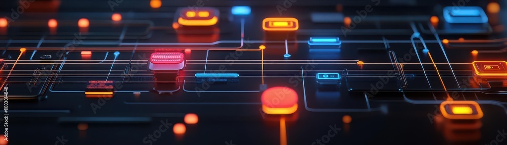 Poster a vibrant digital landscape featuring colorful, illuminated buttons and circuit-like patterns, repre