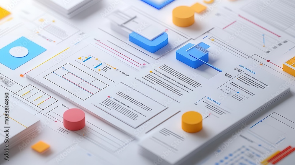 Poster a flat lay of colorful geometric shapes and documents, showcasing a modern design and data visualiza