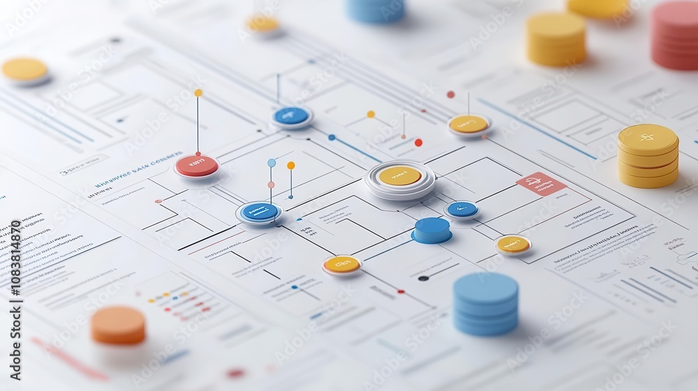 Poster a detailed diagram illustrating interconnected nodes and pathways, featuring various colored tokens 
