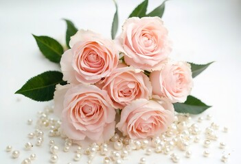A bouquet of delicate pink roses with green leaves, scattered with white pearls on a plain white background