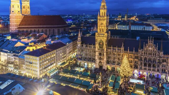Munich (M&uuml;nchen) Germany time lapse 4K, high angle view city skyline timelapse at Marienplatz new Town Hall Square