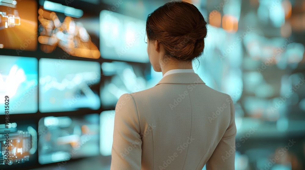 Poster a professional woman stands in front of multiple digital screens, focused on data analysis in a high