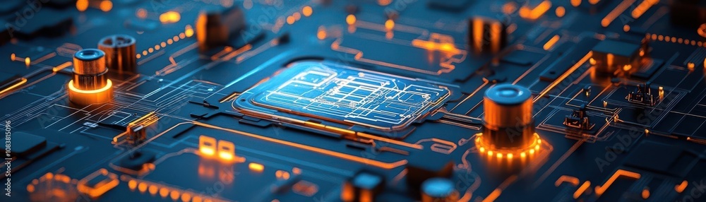 Poster a close-up of a futuristic circuit board with bright, glowing components and intricate patterns, sho