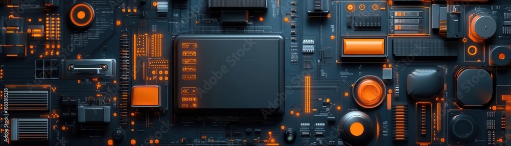Poster a close-up view of a high-tech circuit board featuring intricate components and an orange-black colo