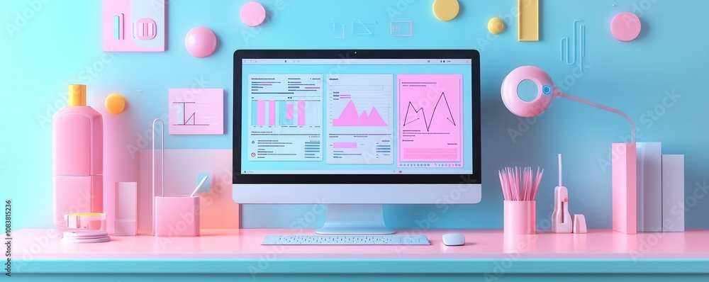 Poster a bright and colorful workspace featuring a computer displaying graphs, with pastel decor and statio