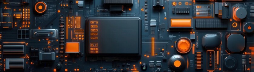 Fototapeta premium A close-up view of a high-tech circuit board featuring intricate components and an orange-black color scheme.