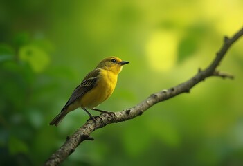 Obraz premium A bright yellow bird with black markings perched on a thin branch against a blurred green background