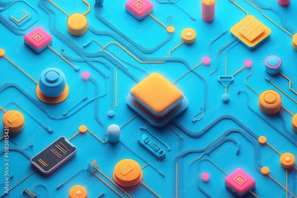 Poster a vibrant close-up of a colorful circuit board featuring various shapes and components, illustrating