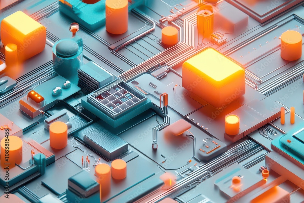 Poster a vibrant, abstract representation of a circuit board with colorful components and glowing elements,