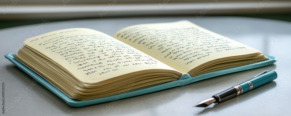 Aufkleber an open notebook with handwritten notes and a fountain pen resting beside it.