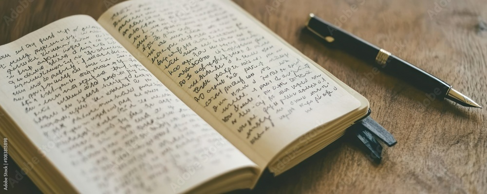 Poster an open notebook filled with handwritten notes next to a pen on a wooden surface.