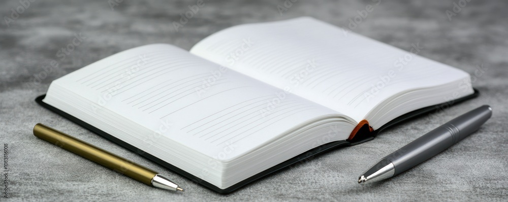 Aufkleber an open blank notebook with two pens beside it on a textured surface.