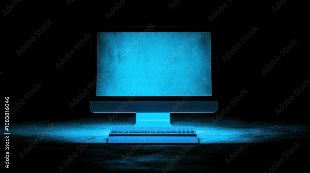 Poster a glowing computer setup against a dark background, emphasizing technology and design.