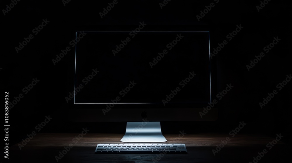 Poster a dimly lit computer monitor and keyboard on a wooden desk, suggesting a workspace.
