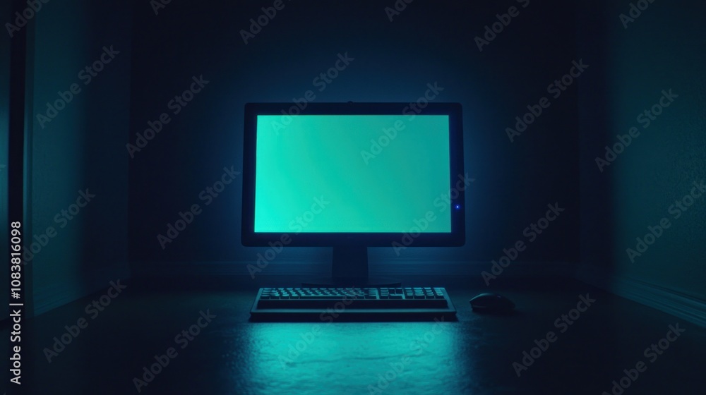 Poster a glowing computer monitor and keyboard in a dark setting, suggesting a tech-focused atmosphere.