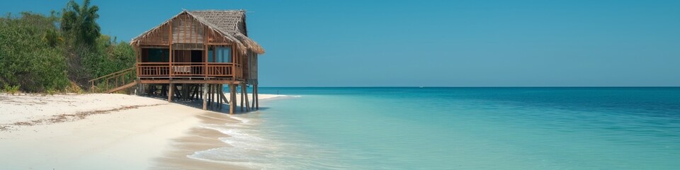 Beautiful beach house on stilts with white sand beach