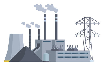 Obraz premium Coal power plant flat vector front view illustration, flat style, editable element