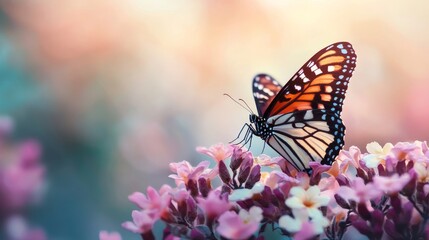 Fototapeta premium A vibrant butterfly perches on colorful flowers amidst a soft, dreamy background, showcasing nature's delicate beauty.