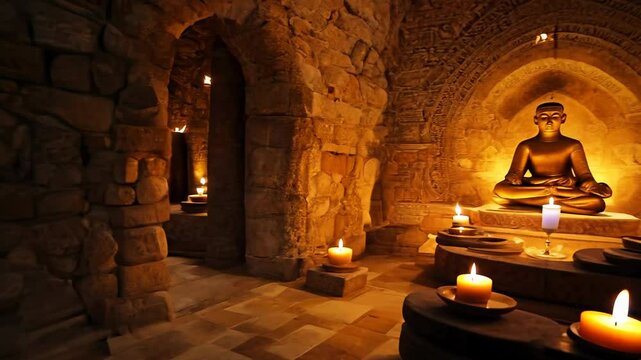Camera slowly rotates 360 degrees inside a candlelit meditation room with rough-hewn stone walls