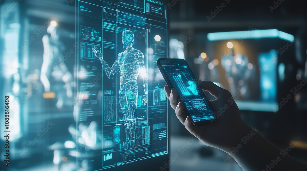 Poster a hand holding a phone with ai technology. a futuristic robot with ai. a computer screen shows ai co