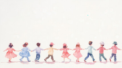 Fototapeta premium Group Dance Class Fun Concept. A colorful illustration of children holding hands in a line, symbolizing friendship and unity.