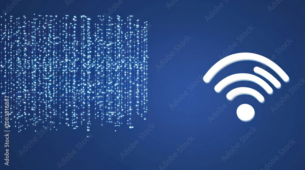 Poster abstract graphic illustrating data transmission with a wi-fi symbol and binary-like background.