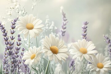 Fototapeta premium Daisies and lavender in a sunny field.