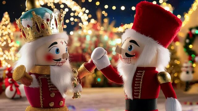 Two festive nutcracker figures celebrate in a whimsical holiday setting with twinkling lights.