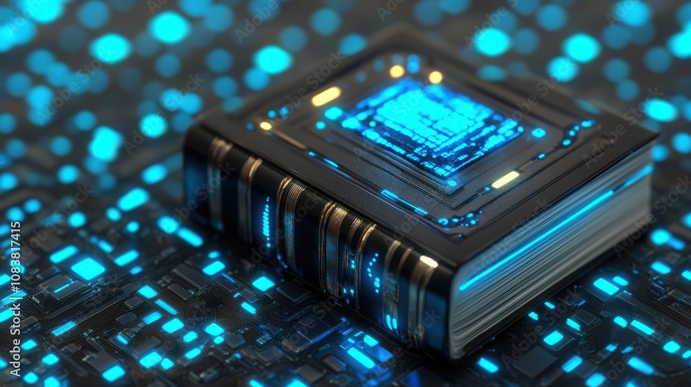 Aufkleber futuristic book with digital circuitry design on abstract background of glowing blue patterns repres