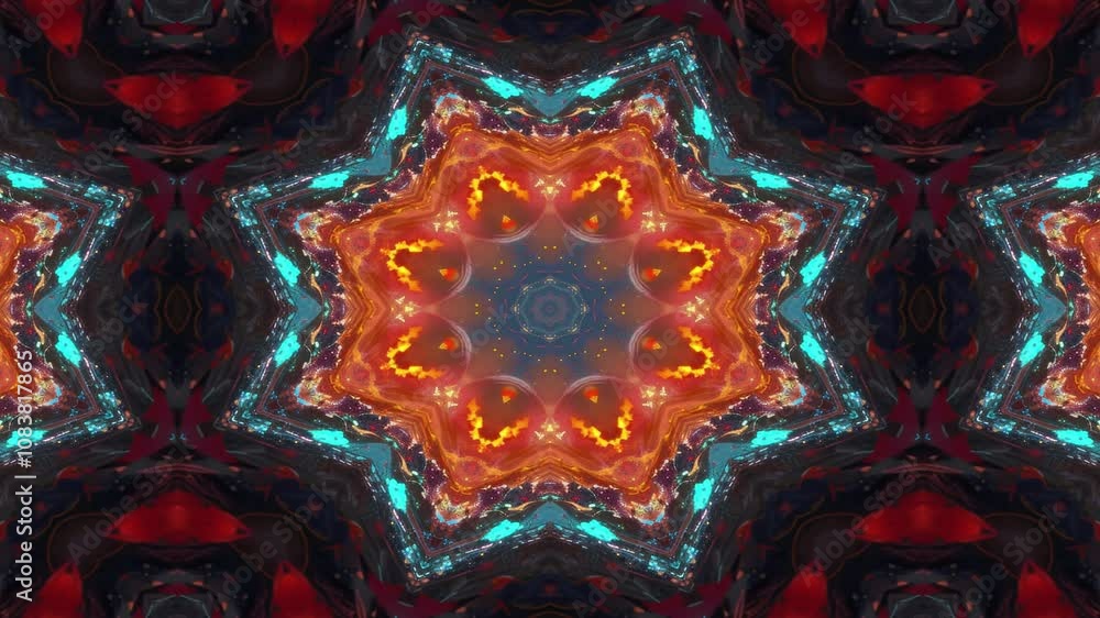 Poster a vibrant kaleidoscopic design featuring aquatic elements and abstract patterns.