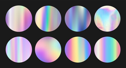 Set of colorful neon stickers, blank templates, label with holographic effect. Shiny rainbow round emblems. Mockup for shopping icons. Gradient hologram. Vector EPS10