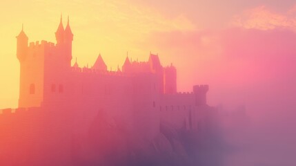 Obraz premium Silhouette of a castle at sunset with fog.
