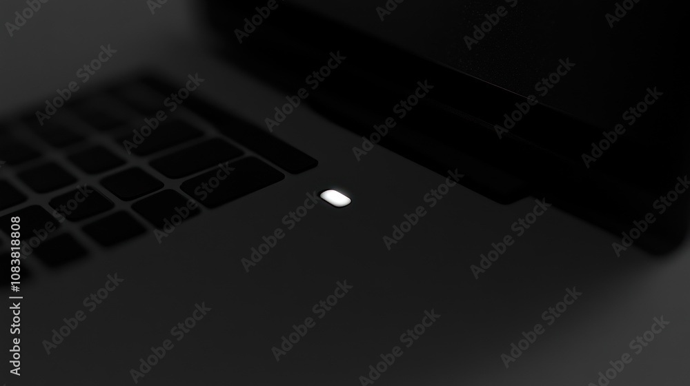 Poster close-up of a laptop's keyboard and power indicator light.