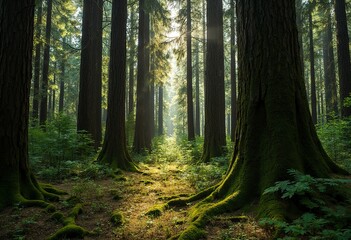 Fototapeta premium A dense forest of tall pine trees with trunks covered in moss, creating a serene and natural environment