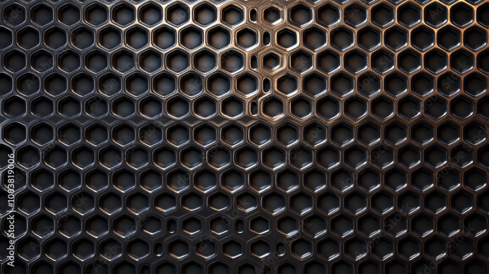 Poster a black, metallic background with a honeycomb pattern, rendered in 3d and in ultra-high resolution.