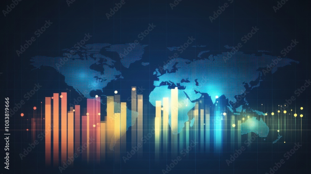 Poster colorful data visualization with world map and abstract bar graphs illustrating global trends and me