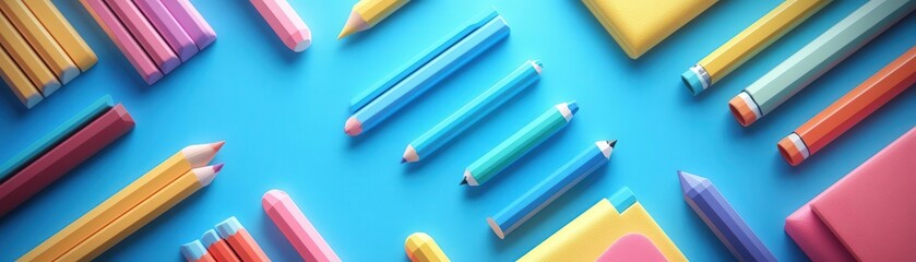 A vibrant arrangement of colorful stationery items on a blue background, featuring pencils, crayons, and sticky notes, ideal for creative projects and artistic expression.