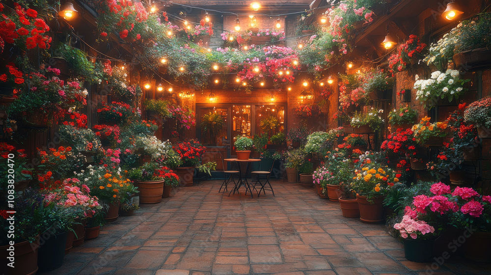 Aufkleber this beautiful courtyard features an array of colorful flowers in pots, illuminated by warm lights, 