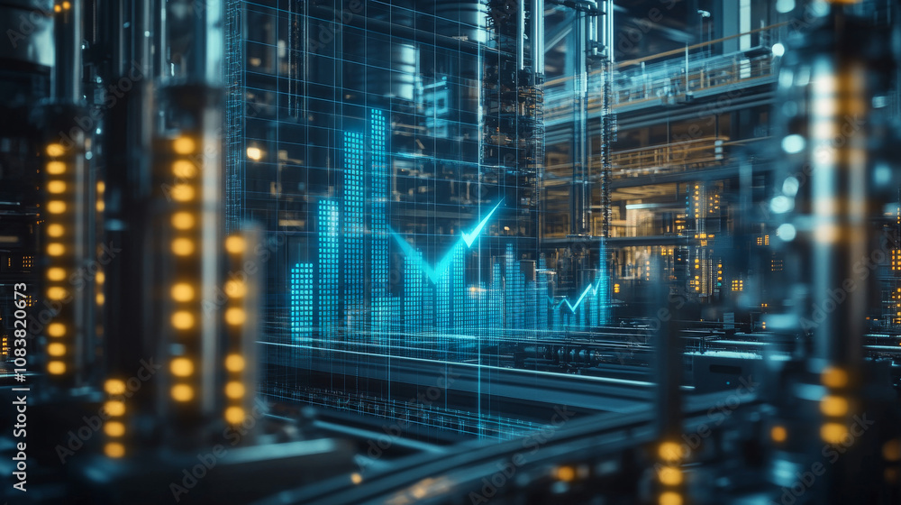 Poster a blue bar chart with an arrow points upwards, showing growth in a futuristic tech setting. this rep