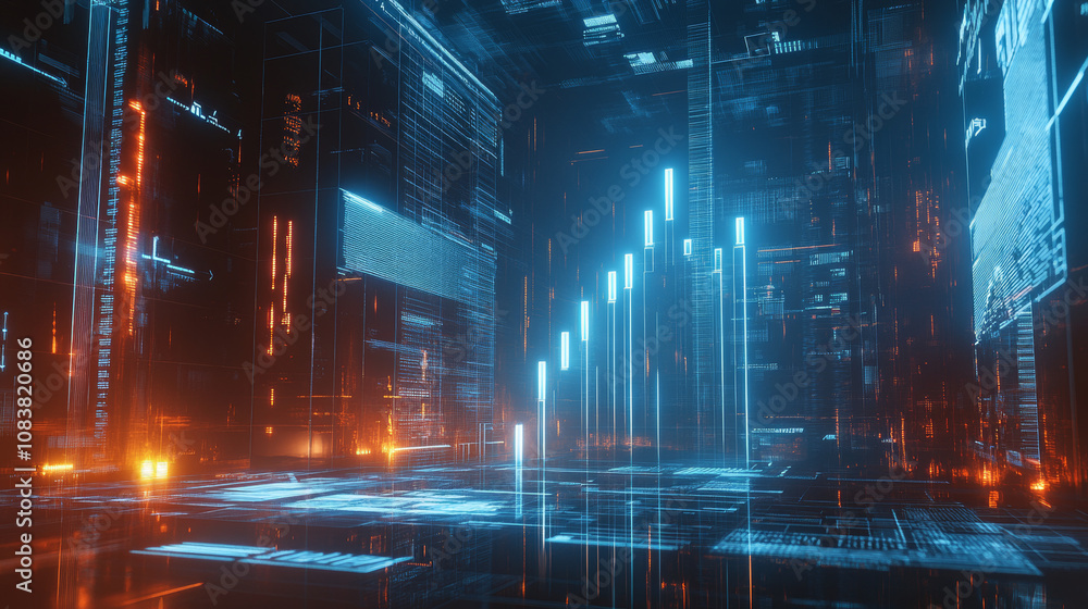 Poster a blue bar chart with an arrow points upwards, showing growth in a futuristic tech setting. this rep
