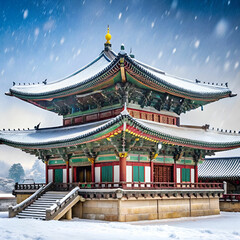 Obraz premium landscape in winter with roof of gyeongbokgung