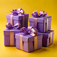 Obraz premium Purple gift boxes with elegant bows displayed against a bright yellow background