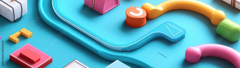 Poster a colorful and playful layout featuring various geometric shapes and pathways against a vibrant back