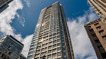 Obraz premium Low-angle view of a modern skyscraper against a blue sky with clouds.